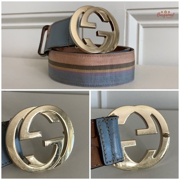 Authentic Gucci Multi Web Canvas Leather Gold Interlocking G Buckle Belt 85/34 - Picture 3 of 13